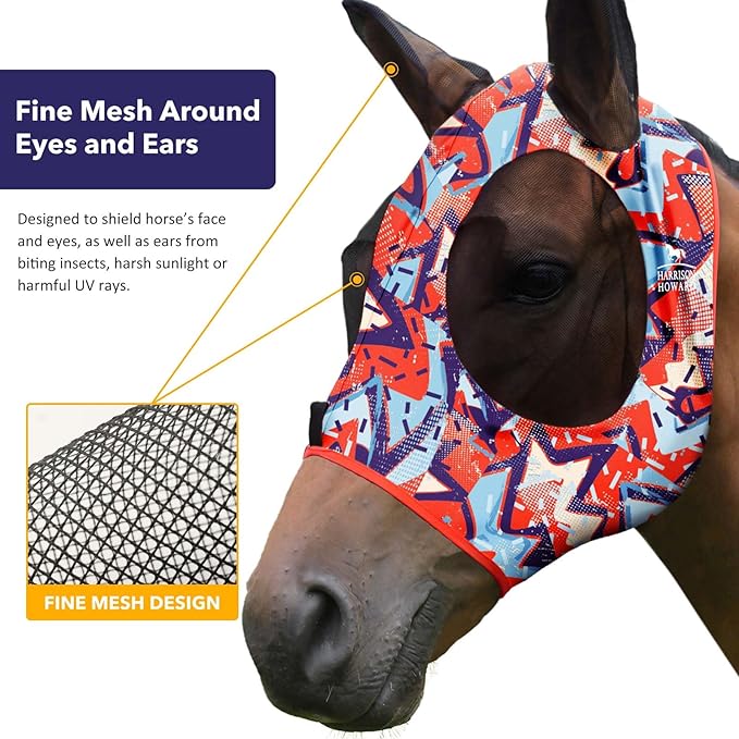 Harrison Howard Super Comfort Stretchy Fitting Horse Fly Mask with UV Protection Soft on Skin with Breathability Orange Geo Print Full Size