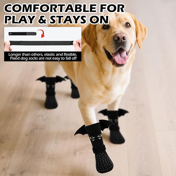 EXPAWLORER Halloween Anti Slip Dog Socks to Prevent Licking Paws, Boots & Paw Protectors with Grippers,Doggie Booties for Hardwood Floors for Small Medium Large Senior Dogs Costume Black Devil Wings M