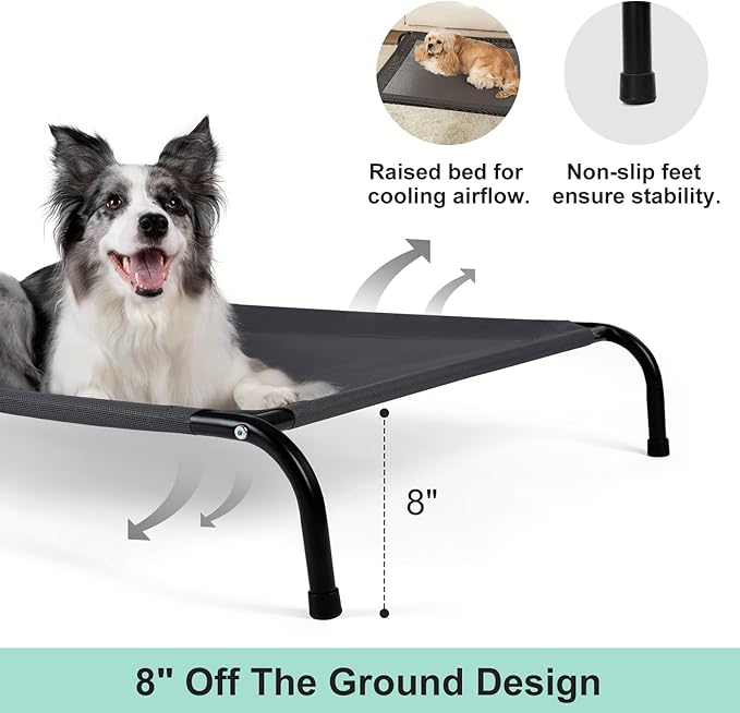 Cooling Elevated Dog Bed with Non-Slip Floor Protectors & Breathable Mesh, Raised Indoor & Outdoor Dog Cot Hammock, 41" L x 32" W x 8" Th, Medium, Grey