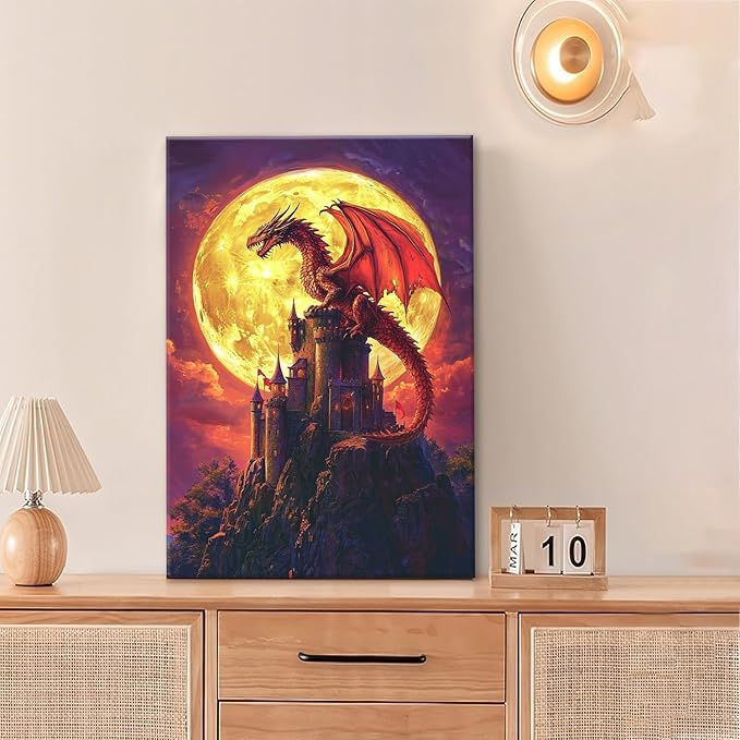 Dragon Bathroom Pictures Wall Art, Red Dragon Castle Bathroom Wall Decor, Framed Painting Canvas Artwork for Bedroom Living Room Decorations 24"L x 16"W