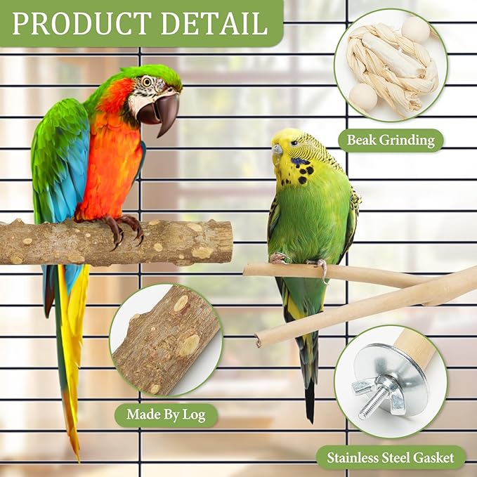 Bird Perches for Cage 6pcs Natural Bird Stand Branch for Cage with Hanging Bridge, Parrot Swing Toys Chewing Climbing Standing Branches Wood Pole Paw Grinding Fork Parakeet Platform