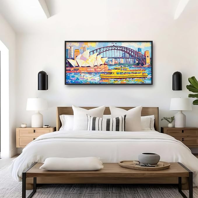 Extra Large Sydney Opera House Framed Wall Art for Living Room,Oversized Abstract Harbour Bridge Cityscape Pictures Wall Decor,Canvas Print Painting Modern Artwork Bedroom Office Bathroom 60L" x 30W"