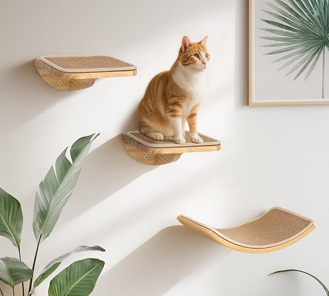 Wood Cat Wall Shelves with Sisal Mat – Cats Wall Furniture Steps for Large Cats, Perfect for Play and Vertical Movement