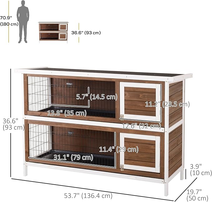 PawHut 54" 2-Story Large Rabbit Hutch Bunny Cage Wooden Pet House Small Animal Habitat with Lockable Doors, No Leak Tray and Waterproof Roof for Rabbits, Chickens, Ducks, Outdoor/Indoor Brown