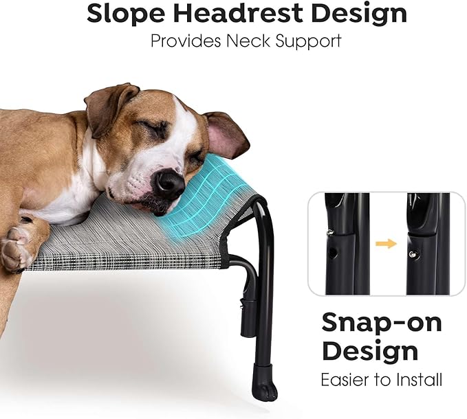 Veehoo Outdoor Elevated Dog Bed, Raised Dog Cot for Small Medium Dogs, Cooling Washable Waterproof Pet Hammock Beds with Slope Headrest, Breathable Mesh and Sturdy Frame, M, Black Silver, CWC2204