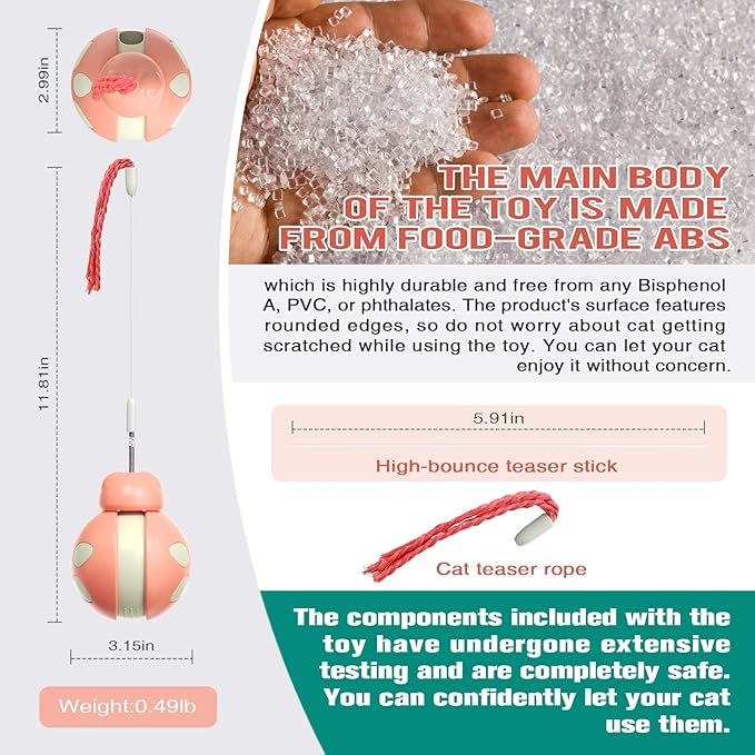 Cat Treat Interactive Toy, Indoor Puzzle Slow Feeding Mental Stimulation Sliding Rolling Cat Toy Ball with Ca-t Teaser, Cats Treat Dispenser Toy for Large, Medium and Small Cats (Pink, ladybug)