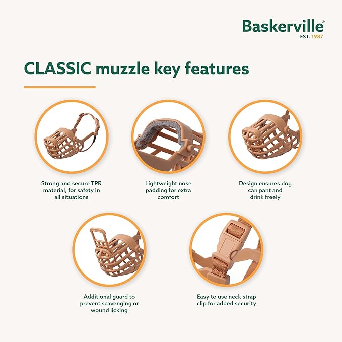 Baskerville Classic Basket Muzzle - Dog can Pant and Drink, Prevents Biting and Food Waste Scavenging, Strong TPR, Ideal for Longer Nosed Dogs, Breathable Dog Training Muzzle for Medium Dogs (Size 4)