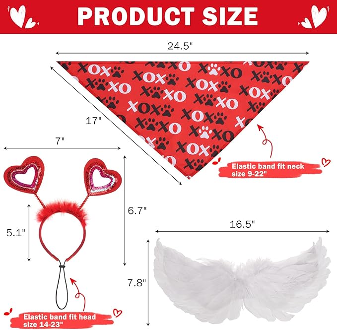 SCENEREAL Dog Outfit/Birthday Bandana with Feather Wing & Heart Headband Dogs Girls Set, Red Puppy Kitty Party Supplies for Small Medium Dogs Cats, Pet Costumes-(Small)