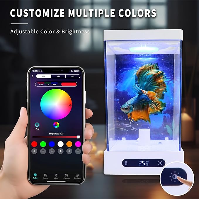 Smart Small Fish Tank Mini Aquarium with RGB Colors Light for Betta Fish Starter Kit, Adjustable Temperature and Brightness, Desktop Fish Tank for Room Decor, Smart Control with Apps