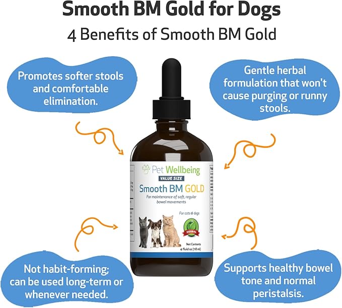 Pet Wellbeing Smooth BM Gold for Dog & Cats - Constipation Relief & Stool Softener, Supports Healthy Bowel Movements - Natural Herbal Supplement 4 oz (118 ml)