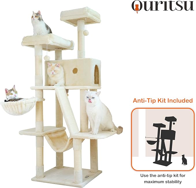 Ouritsu Cat Tree, 61 inch Tall Cat Tower for Large Cat Indoor, Enlarged Condo, 2 Padded Perches with 1 Widened, Large Hammock, Scratching Post and ramp, Fluffy Basket, Beige, LF002WH