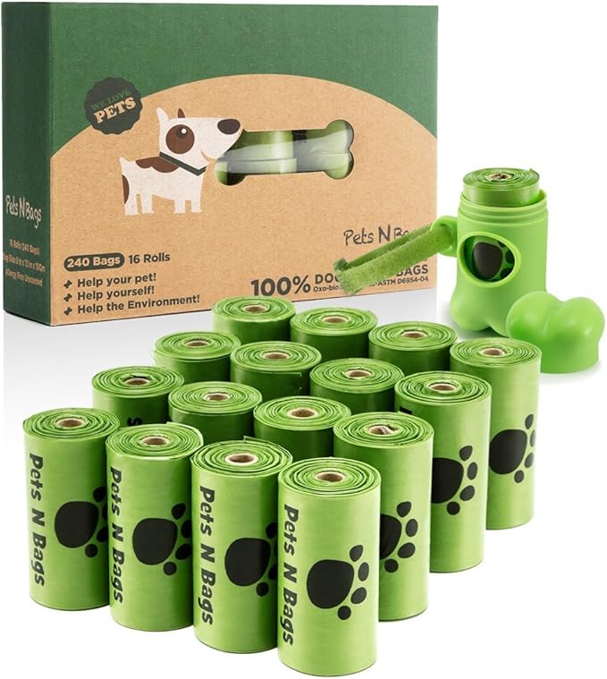 Poop Bags, Environment Friendly Pets N Bags Dog Waste Bags, Biodegradable, Refill Rolls, Includes Dispenser (16 Rolls / 240 Count)