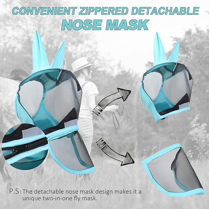 Luminous Horse Fly Mask with Long Nose, Ears, Full Face & Eye Protection - Full Mesh, Detachable Nose Cover, Fleece Padded Edging, Hook-and-Loop Straps with Webbing, Hanging Straps Mint Green