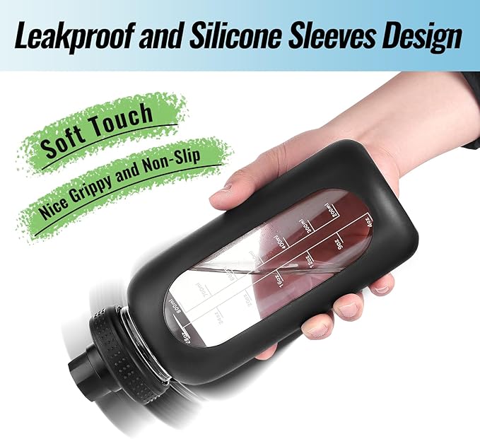 32 oz Glass Water Bottle with Straw and Handle, Sports Motivational Water Flask with Silicone Sleeve, Large Leakproof Water Flask Cup with Time Marker for Travel, Gym, Navy