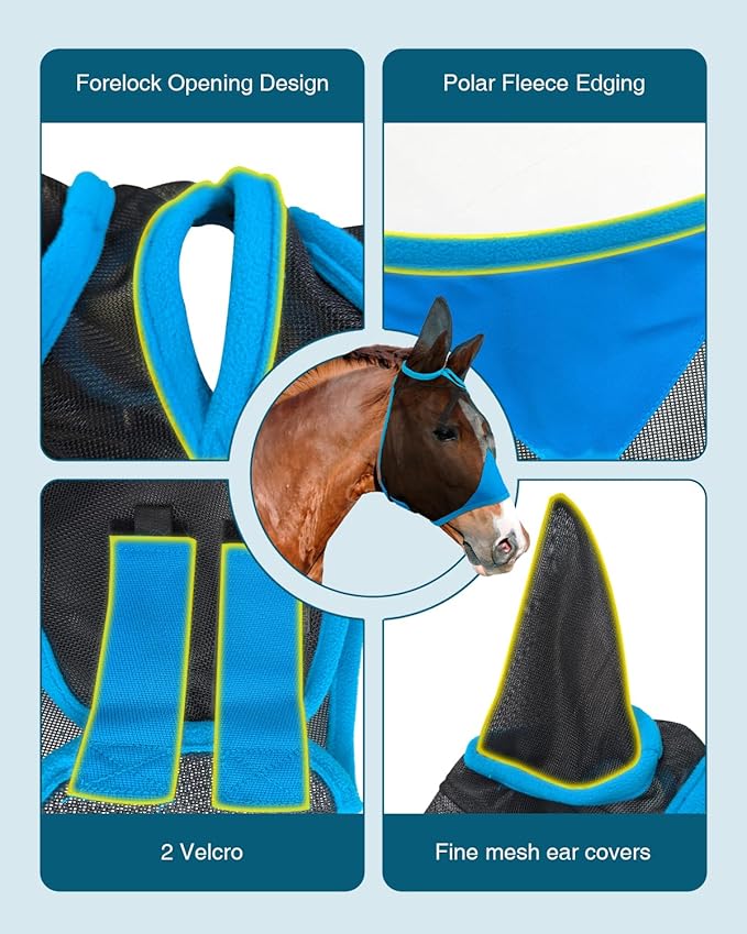 Hilltown Adjustable Fly Mask for Horse with Ears - UV-Block, Large Eye Space, Breathable, Built to Last, Comfort Fit - Horse Fly Mask for Daily Stable, Hot Weather Riding & Competition - Pony, Blue