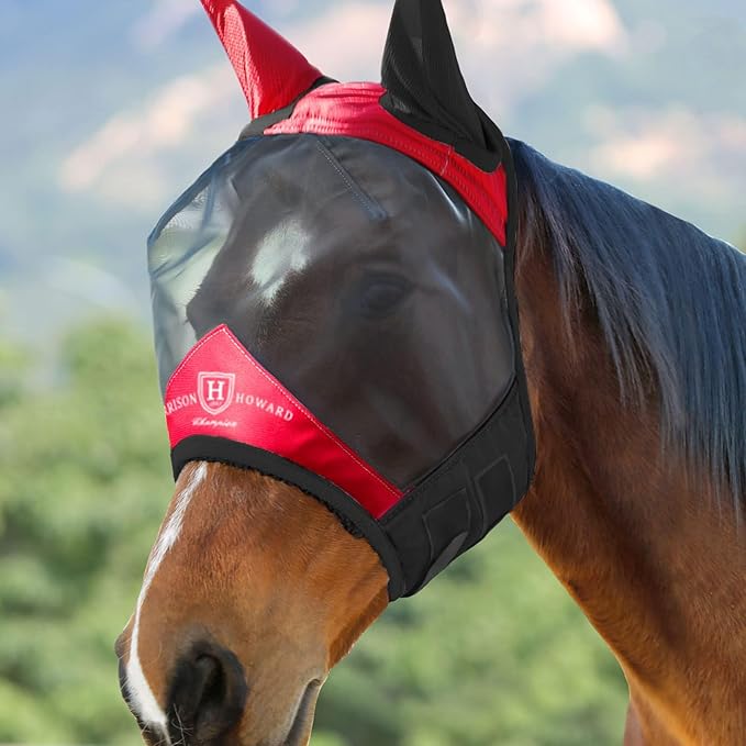 Harrison Howard Pro Luminous Horse Fly Mask Standard with Ears UV Protection for Horse Scarlet Red/Black Large Full Size