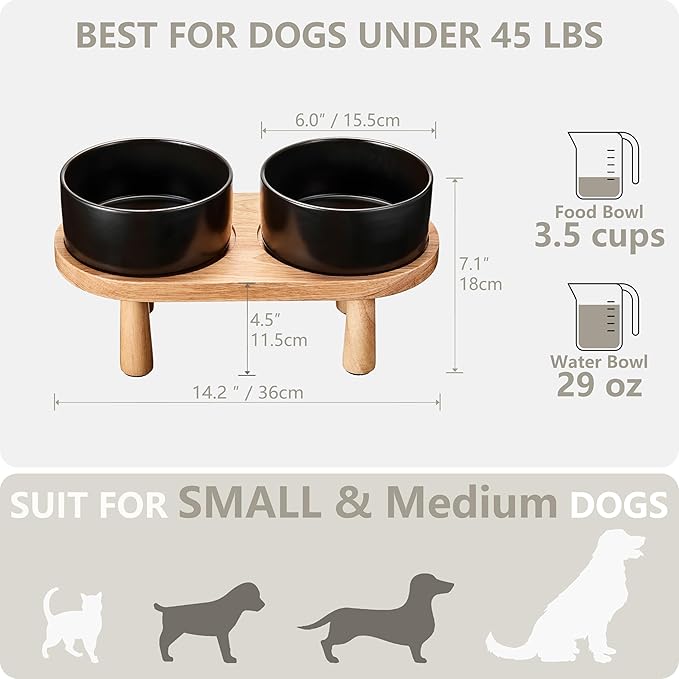 Ceramic Elevated Dog Bowls, Pet Food and Water Bowl Set for Medium and Small Dogs, 3.5 Cups Dog Bowls Raised with Wood Stand, 29OZ, Black