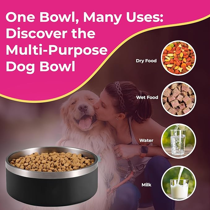 Dog Bowl - Vacuum Insulated Keeps Water Cool, Non-Slip Base, Easy Clean Interior, Durable Stainless Steel, Multiple Colors, Ideal for Travel, 32 Oz - Pet Bowl (Gray)