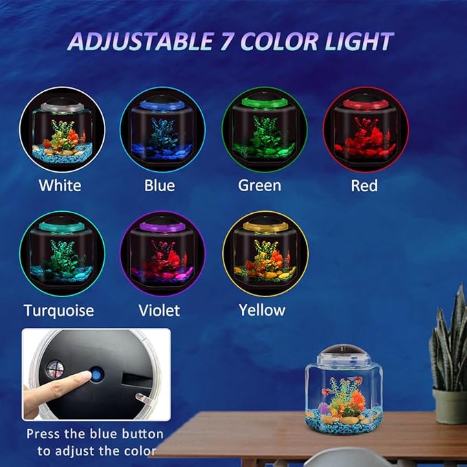Koller Products 2-Gallon Hex Aquarium Starter Tank - LED Lighting (7 Color Selections), Impact-Resistant Plastic Fish Bowl for Betta/Nano/Goldfish, Wedding Event & Home Decor