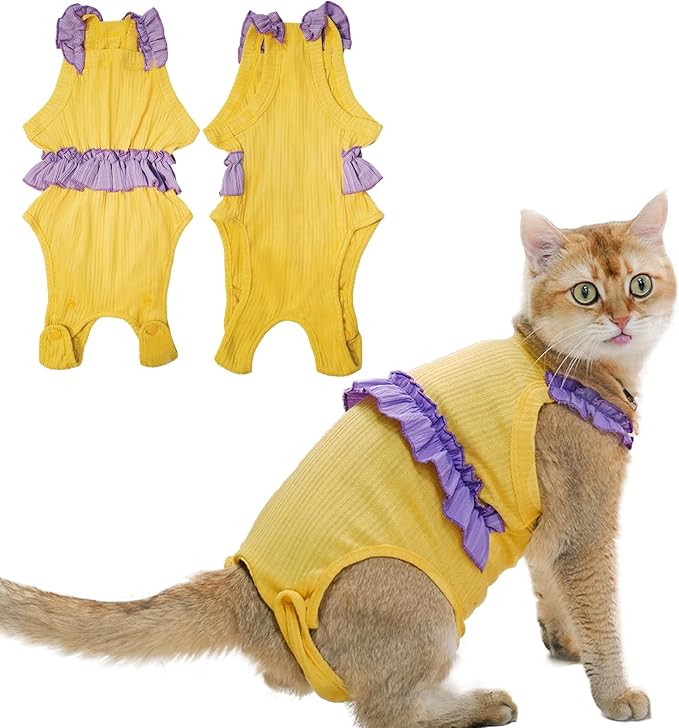 Cat Recovery Suit,Kitten Onesie After Surgery,E-Collar Alternative for Abdominal Wound and Skin Diseases,Soft Breathable Bodysuit After Spay（Yellow-XL）