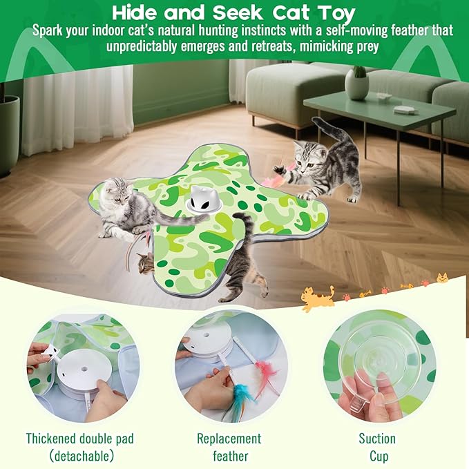 VIWIK Interactive Cat Toys for Indoor Cats, Hide and Seek Moving Feather Toy for Bored Adult Cats with Suction Cup & Cover, Automatic Kitten Wand Toy, Cat Enrichment Toys for All Breeds Green