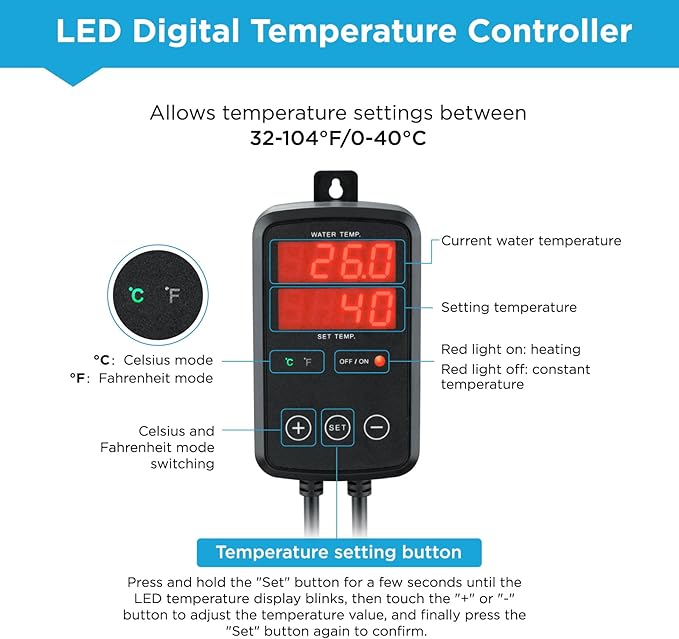 Titanium Aquarium Heater 500W, Submersible Fish Tank Heater with Digital Display Temperature Controller, 0℃-40℃ Adjustable, Fast Heating for 65 ~ 95 Gal Saltwater Freshwater Fish Tank, MX-9016(500W)
