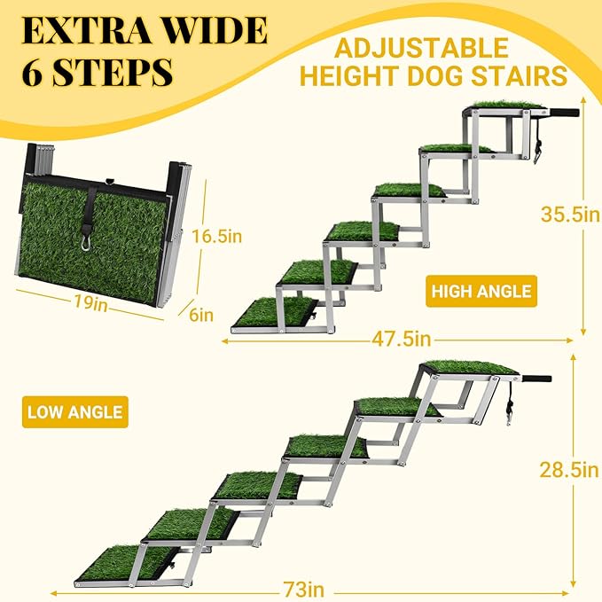 Extra Wide Dog Stairs for Car, Portable Folding Dog Ramps,Doggy Steps for Large Dogs with Non-Slip Grass Rug for Cars, SUV, Trucks, Lightweight Pet Ramp Supports Up to 200 lb, 6 Steps