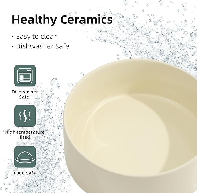 Ceramic Elevated Dog Bowls, Food and Water Bowls for Dogs, Puppy, Raised Dog Dish, Pet Feeder(6inch, 2 x Beige + Stand)