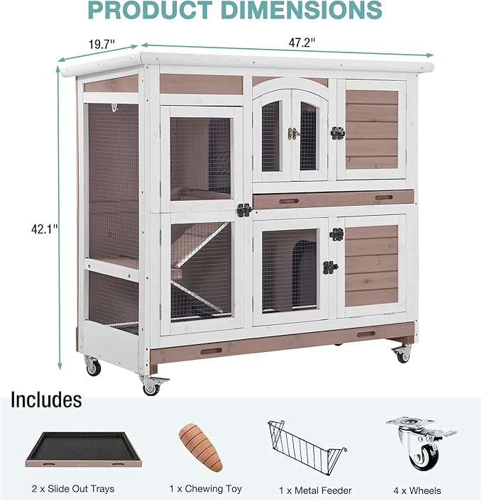 Rabbit Hutch Indoor Bunny House Guinea Pig Cage with Sliding Plastic Trays, Wheels & Ramp, 47.2" Multi-Door Wooden Small Animal Cage for Rabbits, Bunnies, and Guinea Pigs (Brown)