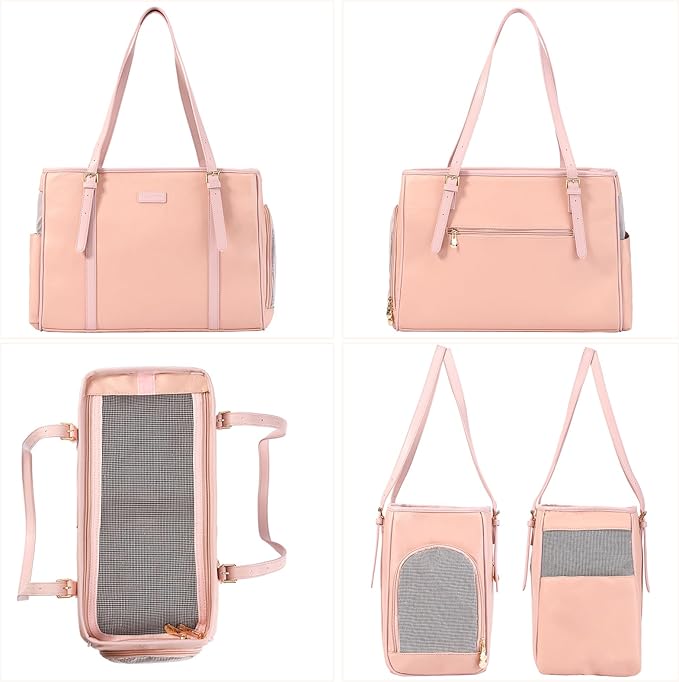 Fashion Dog Purse Pet Carrier Leather Bag for Small Dogs Cats Puppy, Portable Tote Bag Airline Approved Soft-Sided Carriers (Pink)