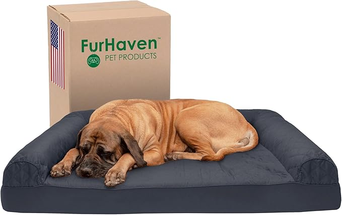 Furhaven Cooling Gel Dog Bed for Large Dogs w/ Removable Bolsters & Washable Cover, For Dogs Up to 125 lbs - Quilted Sofa - Iron Gray, Jumbo Plus/XXL