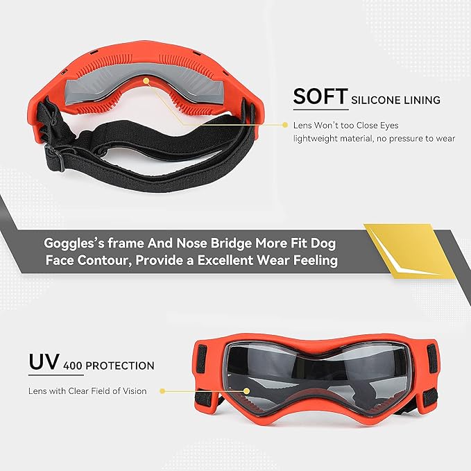 Dog Goggles Dog Sunglasses for Medium Breed UV Protection Windproof with Adjustable Head Straps Chin Straps for Ride Car/Hiking Travel/On Beach-Orange