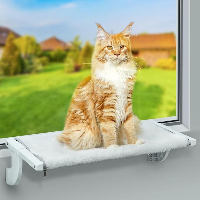 Sunhoo Cat Window Perch Hammock Kitty Bed for Windowsill Bedside Large Cats Shelf Seat inside with Adjustable Ledge Sturdy Removable Cover Easy Assembly No Suction No Drill Hold 40lbs 26.54*13.58in(L)
