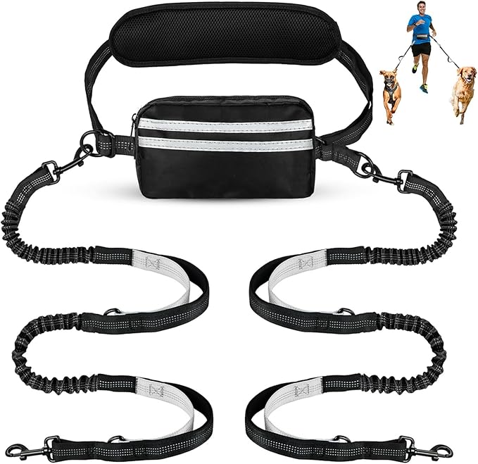 Hands Free Dog Leash with Pouch, Double Leash for Two Dogs, Retractable Bungee with Double Padded Handles, Dog Waist Leash for Dog Walking,Dog Walking Accessories,Black Grey