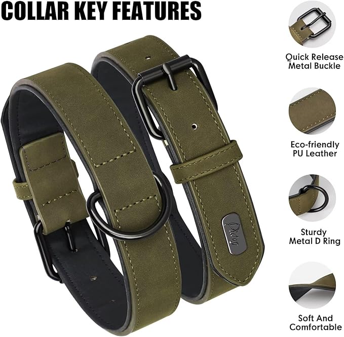 Didog Soft Padded PU Leather Dog Collar, Breathable and Adjustable Dog Collars for Small Dogs, Comfortable for Daily Walk, Dark Green, M Fit Neck 12-15"(13-22 lbs)