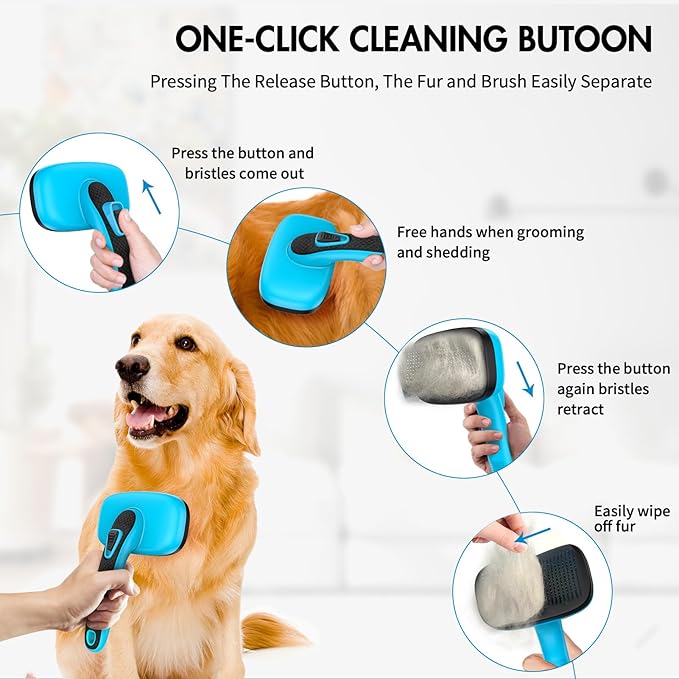 Dog Brush Kit - Self-Cleaning Slicker Brush with Bath Brush & Undercoat Rake | Deshedding Tools for Large - Small Dogs & Cats, Professional 3-in-1 Pet Grooming Set for Heavy Shedding, Blue