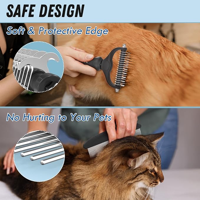 Pet Grooming Combo: Undercoat Rake, Dematting Deshedding Brush for Long-Haired Dogs and Cats, Black