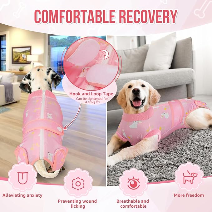 Lukovee Recovery Suit for Dogs, Zipper On Recovery Suit for Female Male Dog, Onesie Abdominal Wounds Cone E-Collar Alternative Prevent Licking Spay Recovery Suit (Medium, A-Pink)