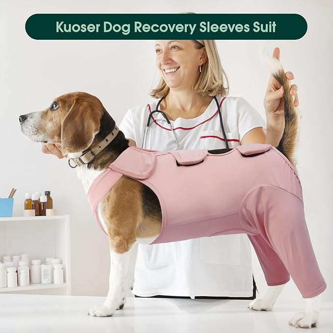 Kuoser Dog Recovery Suit for Rear Legs, Thigh Wound Protective Sleeve for Dogs, Dog Recovery Sleeve for Female Male Dogs, Dog Onesie After Surgery Pet Surgical Suit for Spay Neuter, Pink M