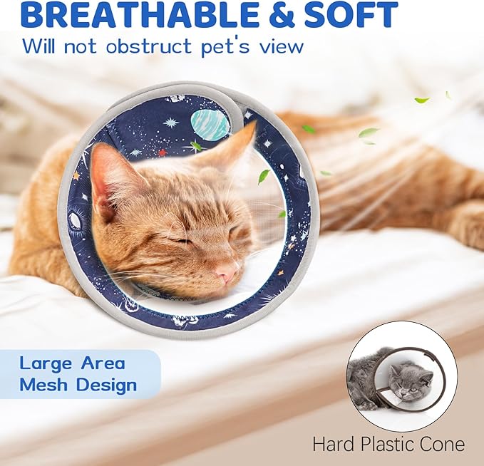 Breathable Air Mesh Cat Cone Collar Soft to Stop Licking, Adjustable, Foldable Lightweight Kitten Cones After Surgery Recovery for Cats & Kittens (Star Blue,S)