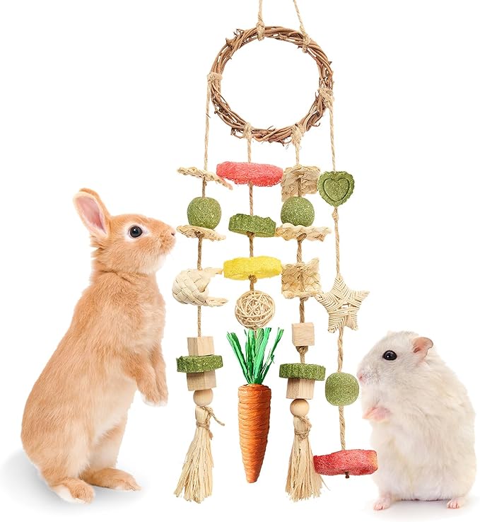 Rabbit Chew Toys Bunny Cage Hanging Toy and Treats Rattan Ring with Snacks for Rodent Pets Teeth Healthy