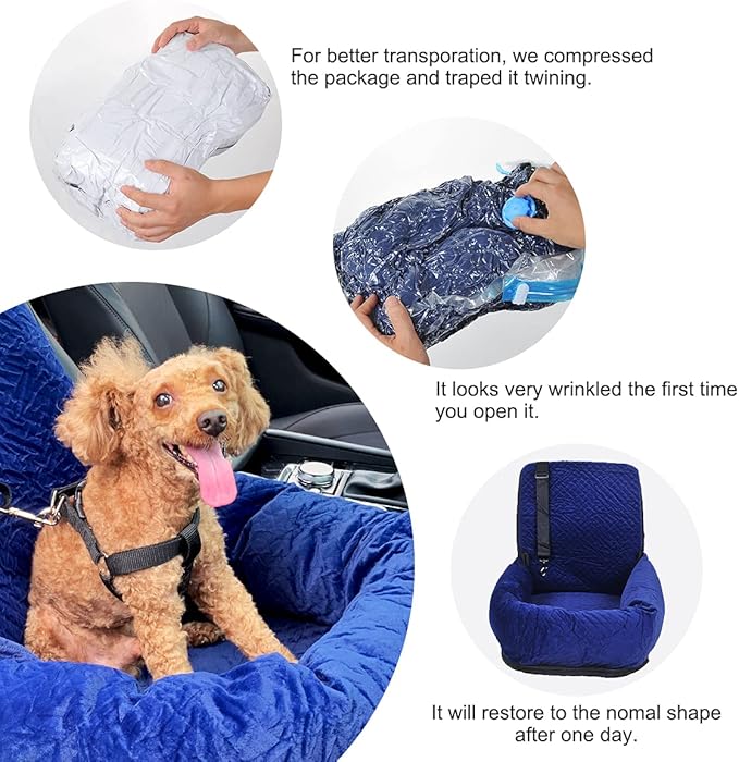 Dog Car Seat for Small Medium Dogs Up to 40lbs, Detachable Washable Soft Pet Booster Travel Bed for Front & Blue Seat with Safety Leash Belt