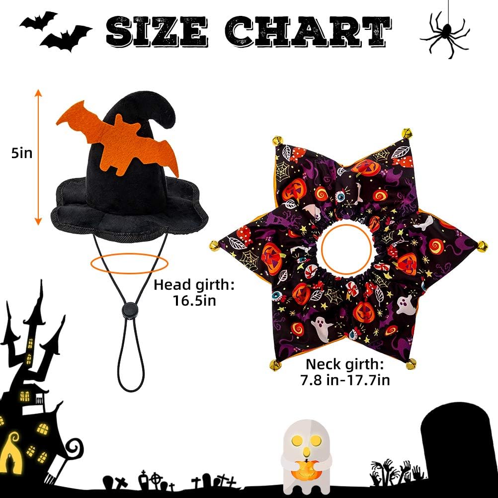 Dog Halloween Costumes - Halloween Style Dog Collar with Bells and Wizard's Hat Set,Halloween Pumpkin Pattern Pet Costume for Dogs Wearing-Black (Small)