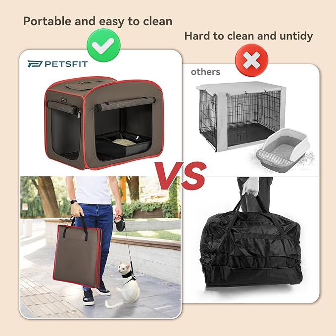 Petsfit Portable Cat Crate with Litter Box and Soft Cushion, Collapsible Pop Up Cat Kennel with Carrying Bag for Travel