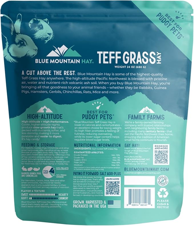 Blue Mountain Hay | Fresh Teff Grass Hay (24 Ounce) | Low NSC, High Fiber, Healthy Weight Management | High-Altitude Hay Pet Food for Rabbits, Guinea Pigs, Chinchillas, Hamsters, and Other Small Pets