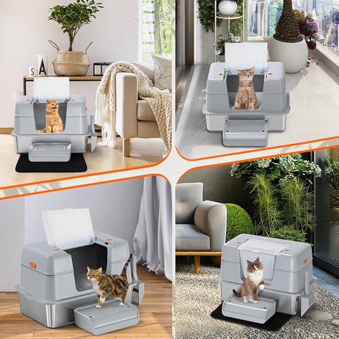 Vivifying Stainless Steel Litter Box with Lid, XL Side Entry Extra Large Litter Box for Big Cats & Kitty, Removable Enclosed Metal Cat Pan with High Sided Enclosure, Scoop, Mat, Footboard (Gray)