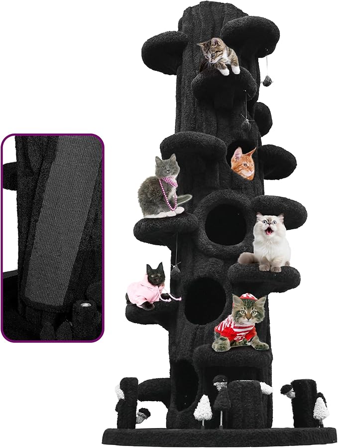 Super Large Cat Tree for Indoor Cats, All-in-One Tall Cats Tower with Scratching Post, Luxury Multi-Level Solid Wood Cat Condo for Multi-Cat Families (Black)