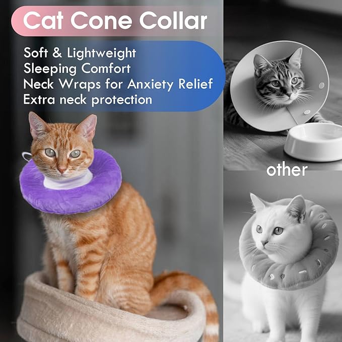 Adjustable Cat Neck Cone, Comfortable Elizabethan Recovery Collar After Surgery to Prevent Licking Wound, Ideal for Skin Disease, Deworming, Protective Pet Cone, Purple Medium