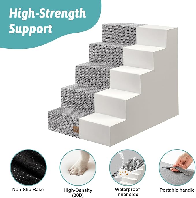 Dog Stairs for Small Dogs, 5 Tier Wider Pet Stairs for High Beds, 23.6" H Non-Slip Dog Steps for Old Cats, Puppies, Small Medium Dogs, 29.5x19.7x23.6 inch, Grey