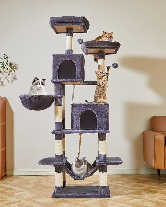 Taoqimiao Cat Tree, 71.7-Inch Cat Tower for Indoor Cats, Plush Multi-Level Cat Condo with 13 Scratching Posts, 2 Perches, 2 Caves, Hammock, 2 Pompoms,Smoky Gray MS013LG
